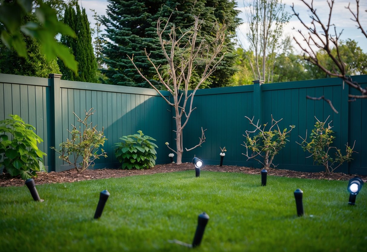 A garden surrounded by a tall fence with a strong odor of predator urine, scattered thorny branches, and motion-activated lights