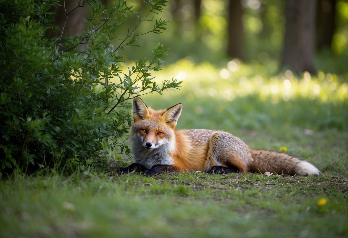 A fox naps under a bush in a quiet woodland clearing, surrounded by dappled sunlight filtering through the trees