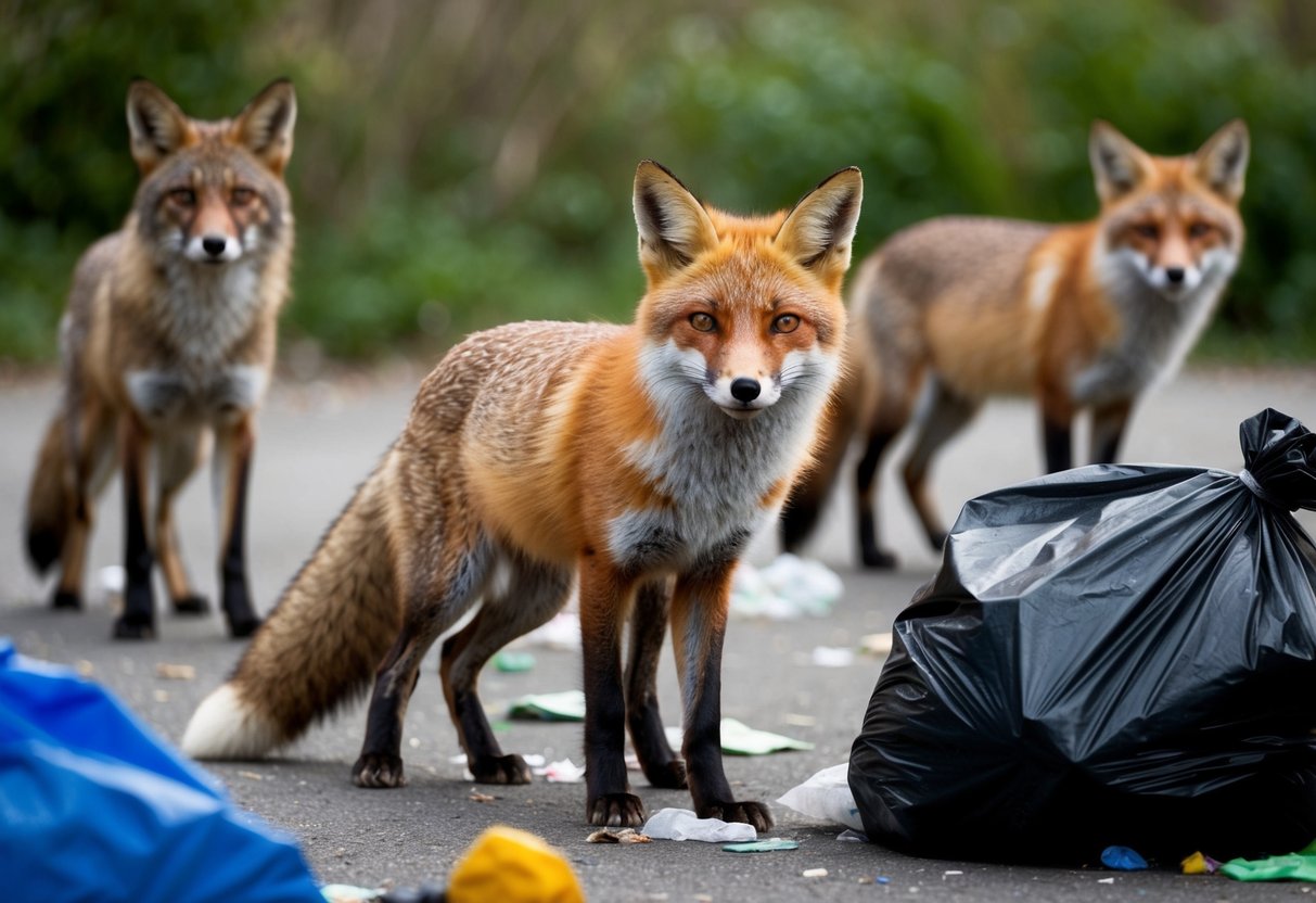 A fox surrounded by garbage, with wary animals watching from a distance
