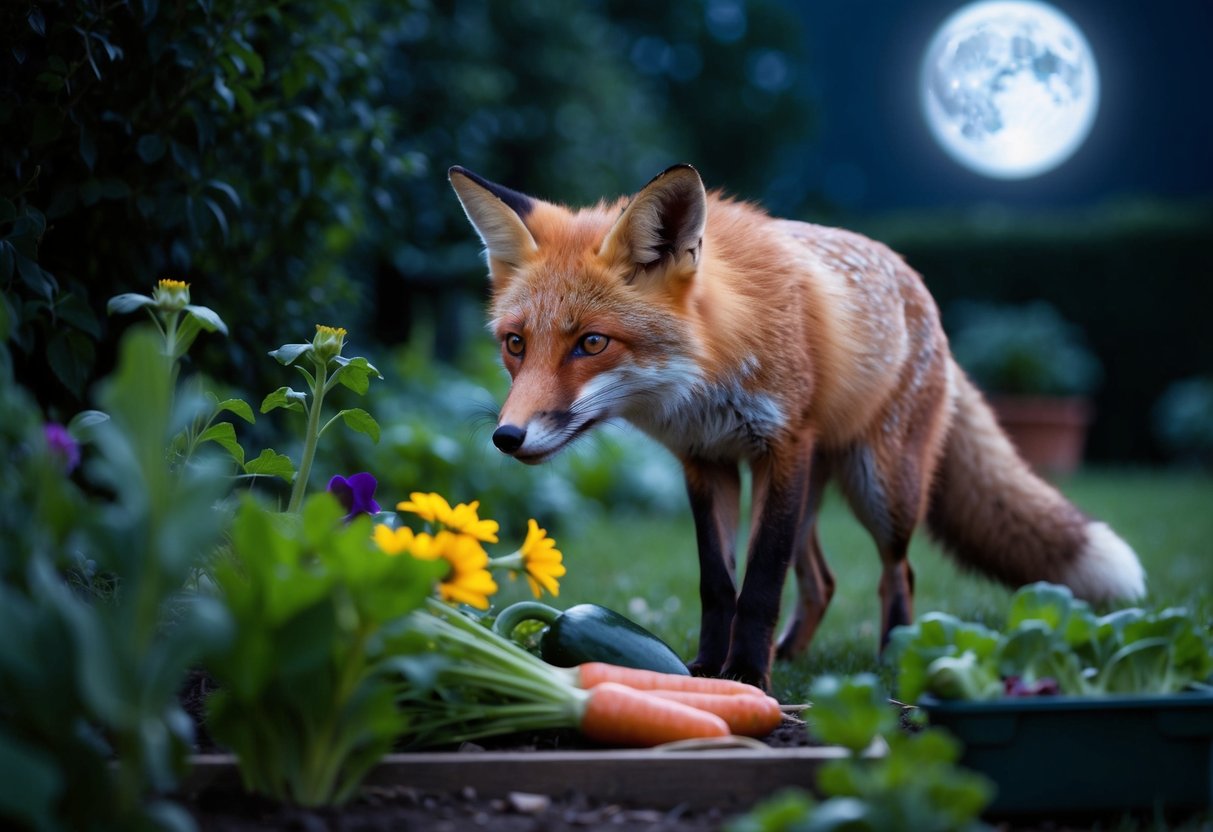 A fox sneaks into a moonlit garden, sniffing at flowers and vegetables, its eyes glinting in the darkness