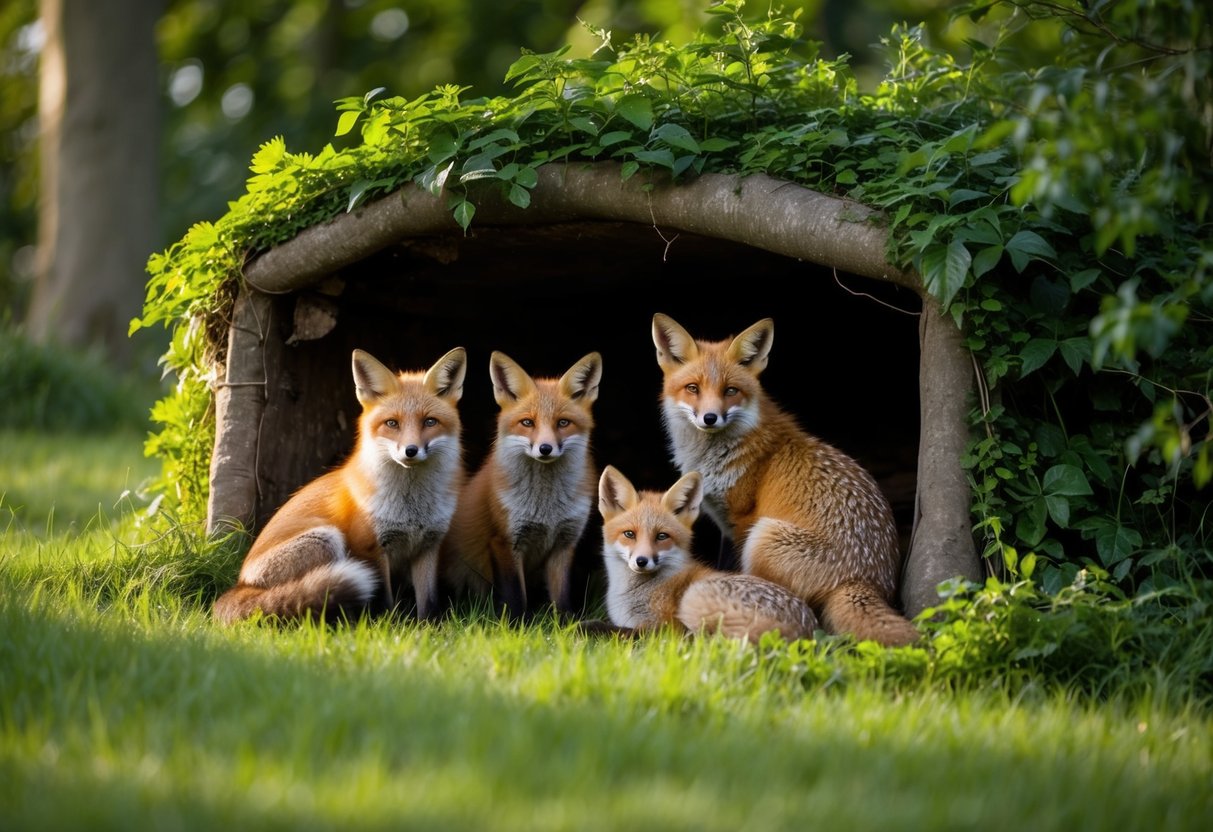 A family of foxes lounges in a cozy den hidden among the lush greenery of the British countryside, basking in the warm sunlight filtering through the trees