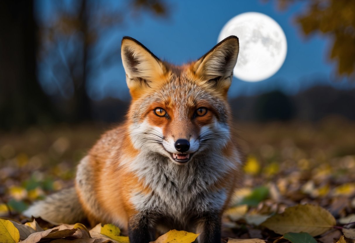 A sly fox with a mischievous grin surrounded by fallen leaves and a full moon in the background