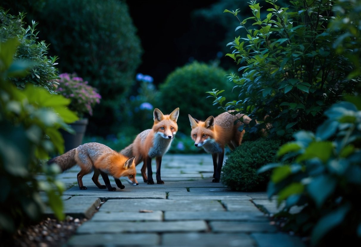 A tranquil garden at night, with foxes sneaking through the foliage and investigating the surroundings