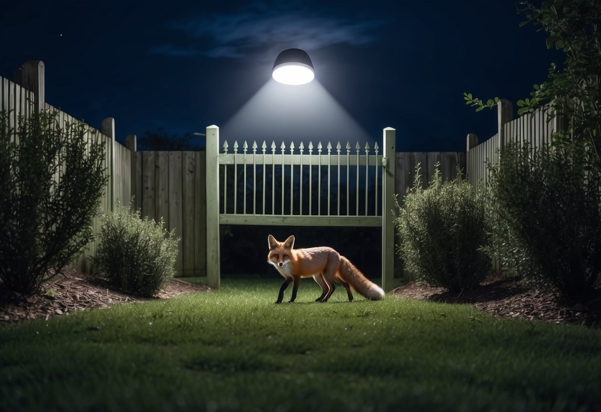 A fox peers through a moonlit garden, surrounded by tall fences and prickly bushes. A motion-activated light suddenly illuminates the area, startling the fox and causing it to flee