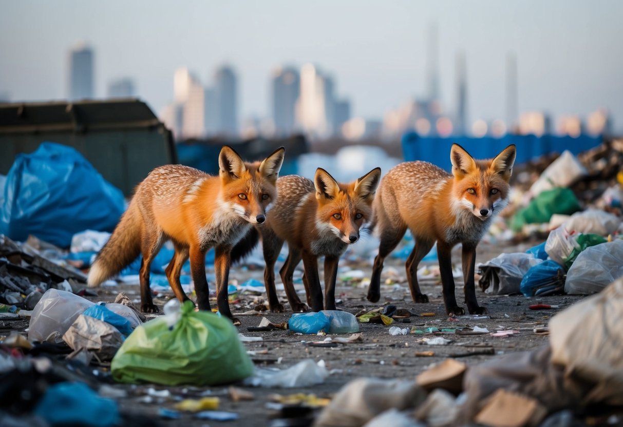 A group of foxes scavenging through a garbage dump, with litter and pollution in the background