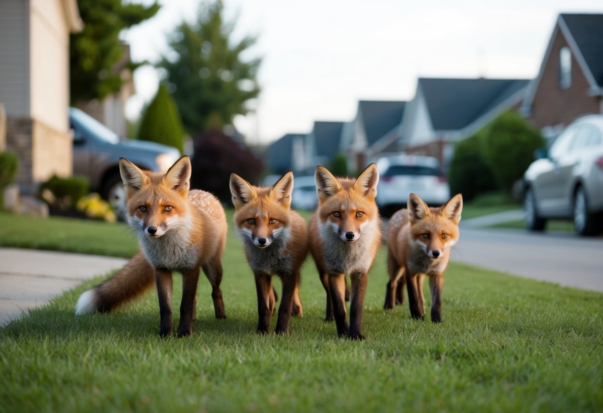 A family of foxes roam through a suburban neighborhood, peacefully coexisting with humans
