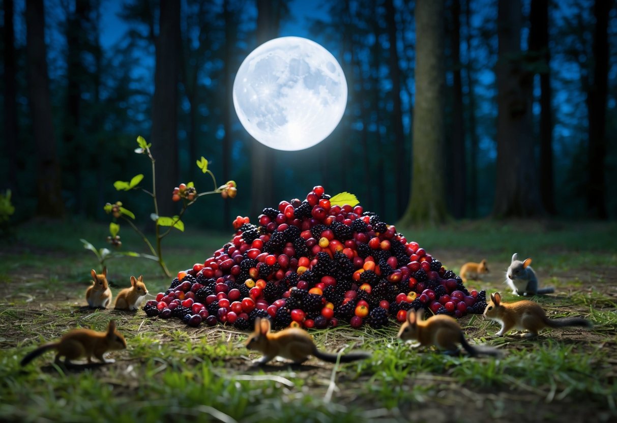 A moonlit forest clearing with a pile of ripe berries and small animals scurrying about