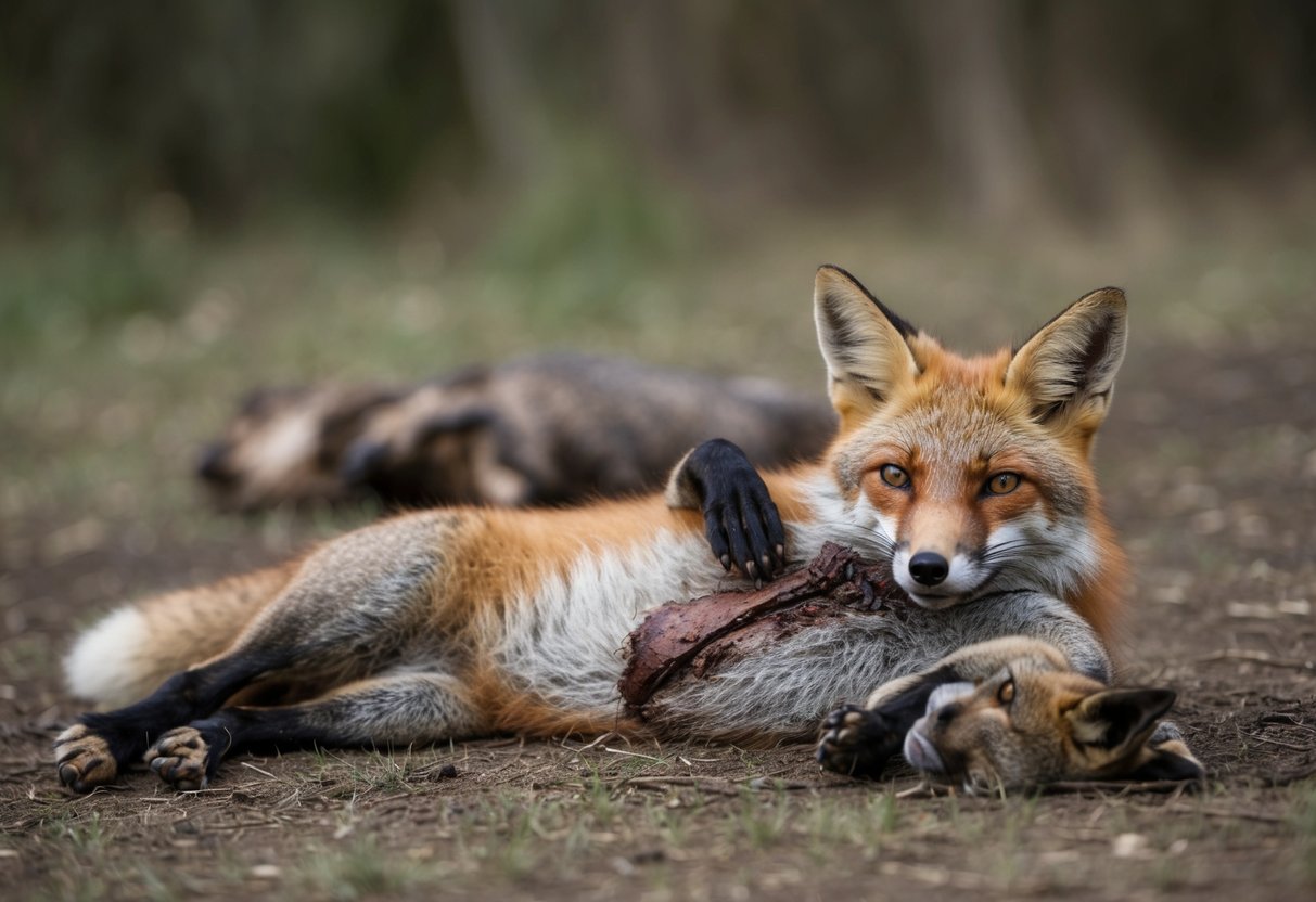 A fox lying motionless with a large wound on its abdomen, surrounded by signs of struggle and a nearby carcass of a smaller animal