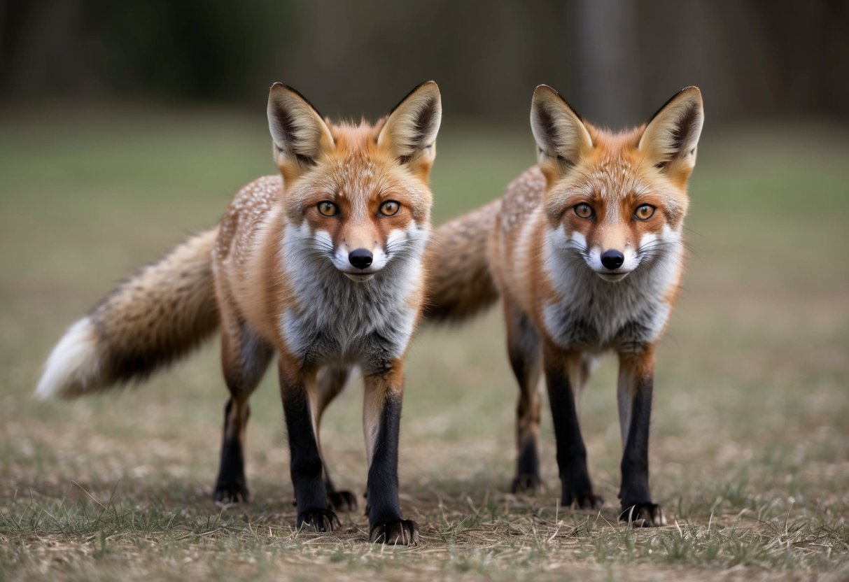 Two foxes approach cautiously, ears perked and eyes focused. Their tails are low, but not aggressive