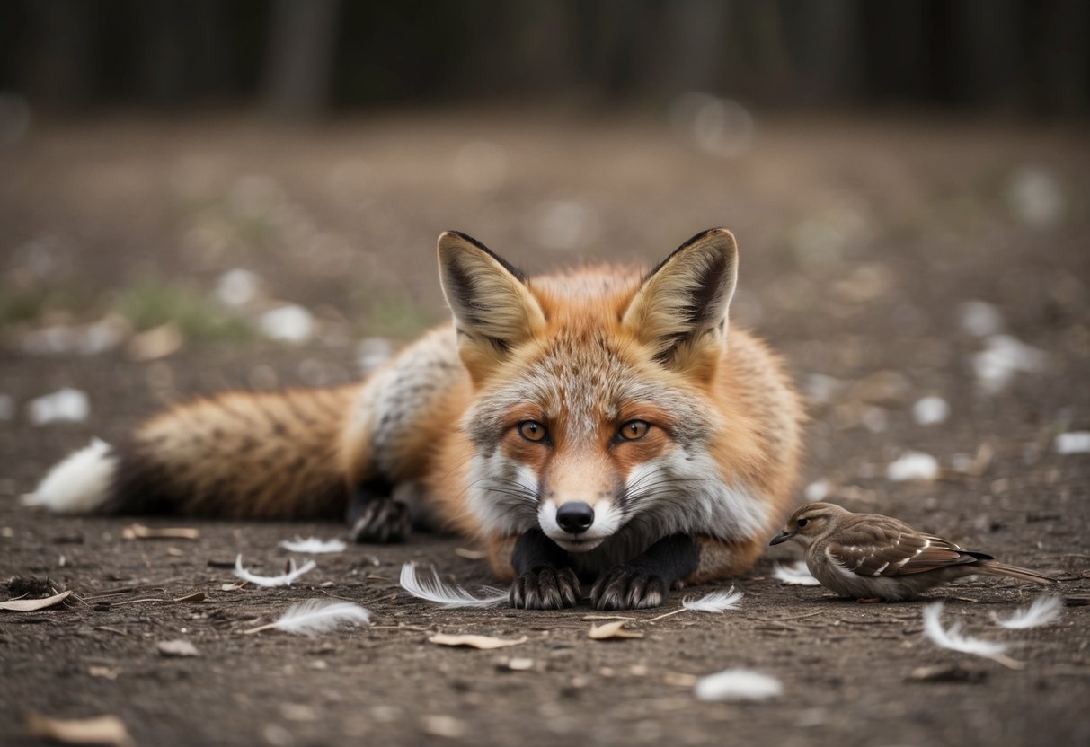 A fox lies motionless, surrounded by scattered feathers and a small, lifeless bird nearby
