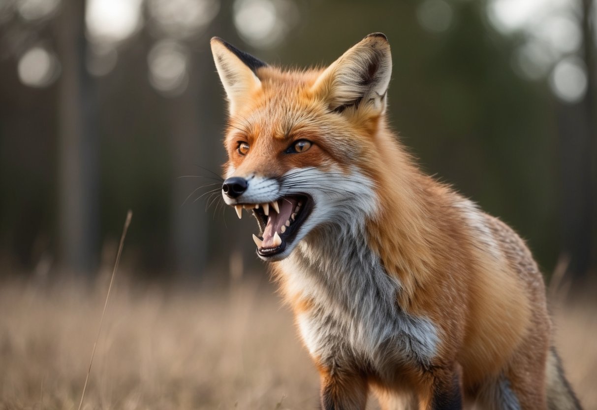 A fox bares its teeth and growls, standing defensively with raised fur and a menacing glare