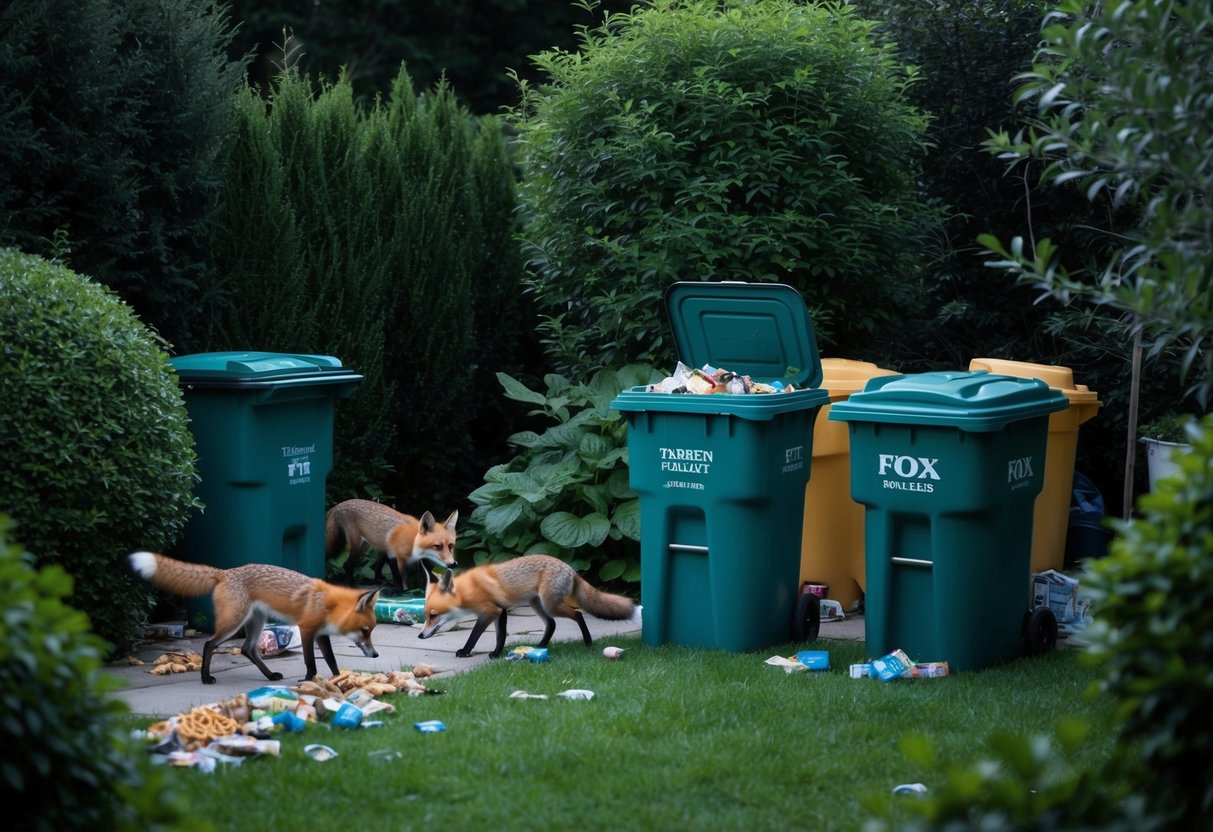 A garden with overflowing trash cans and scattered pet food, surrounded by dense bushes and trees. A family of foxes sneaking in at night