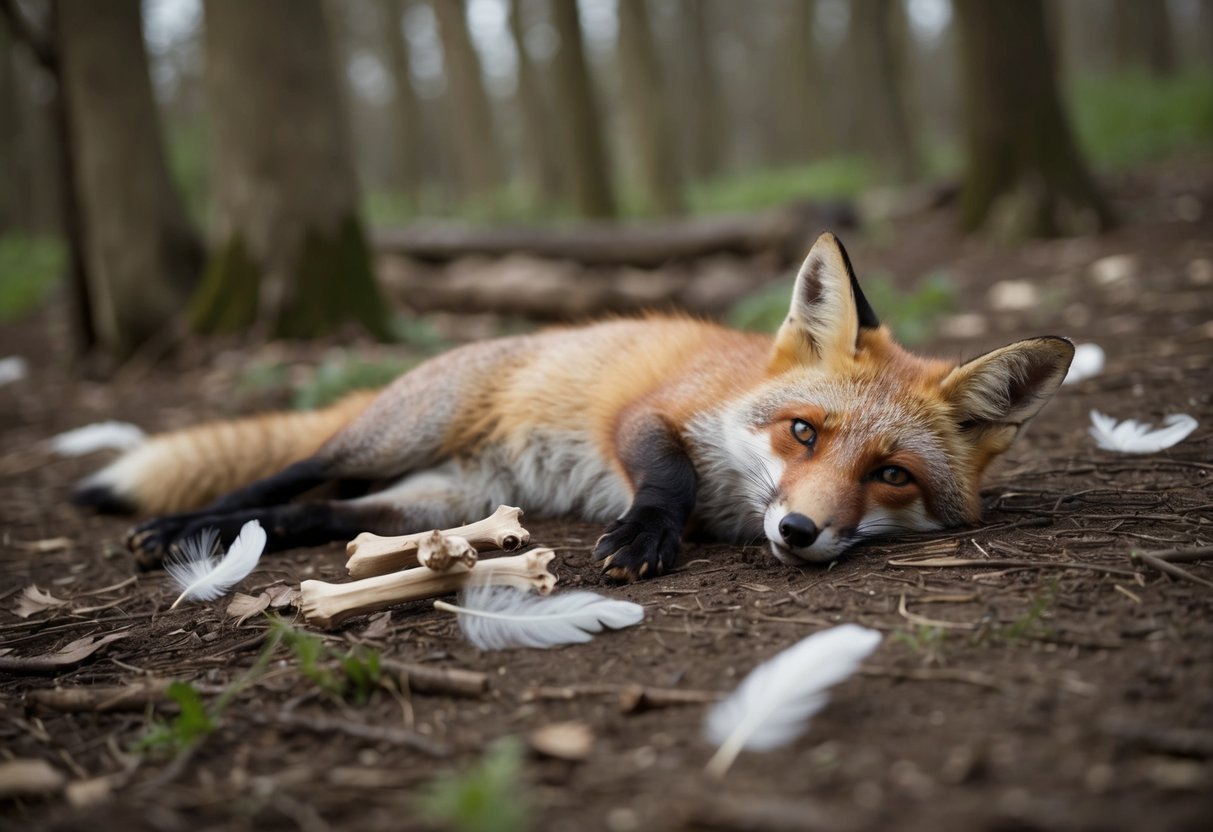 A fox lying lifeless in a wooded area, surrounded by scattered feathers and a small pile of bones