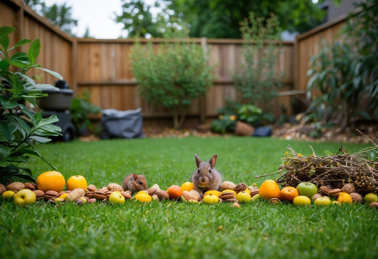 A backyard with a variety of natural food sources such as fallen fruits, nuts, and small animals, along with hiding spots like dense vegetation and brush piles