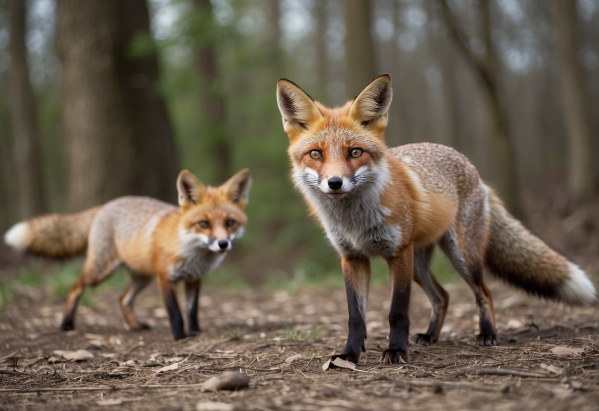 A fox stands alert in a wooded area, ears perked and eyes focused, while another fox approaches cautiously from the side
