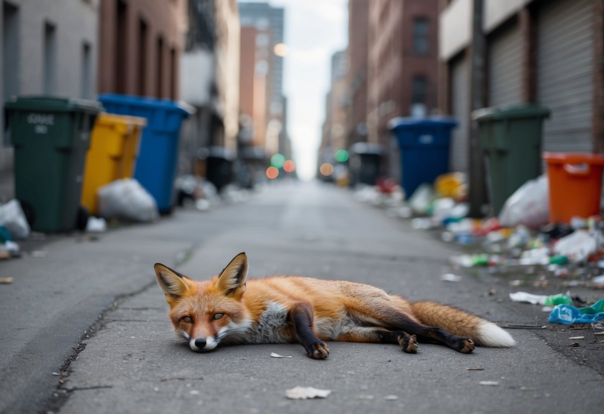 A fox lying lifeless in an urban street, surrounded by trash and buildings