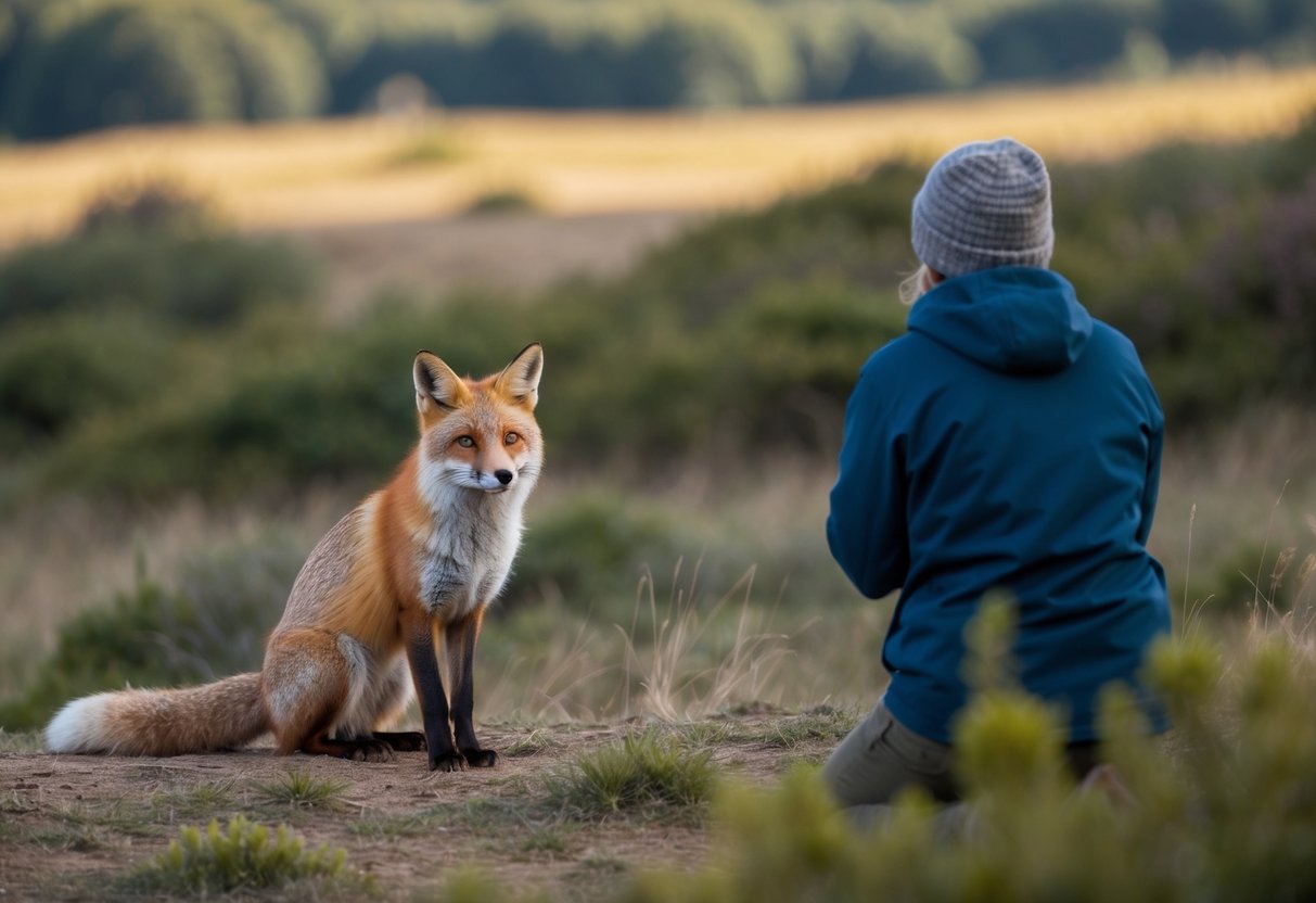 A person watching a fox from a safe distance, surrounded by natural scenery