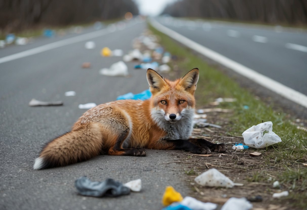 A fox lies motionless on the ground, surrounded by scattered trash and a nearby road