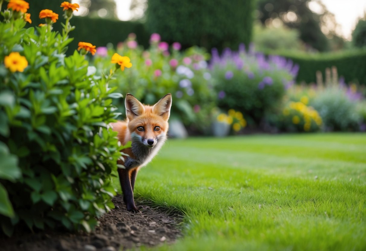 A garden with a lush green lawn, colorful flowers, and a small fox peeking out from behind a bush