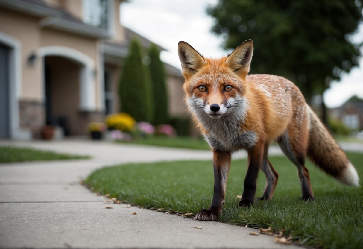 A fox sneaks around a suburban house, attracted by the scent of food and the opportunity to scavenge for scraps