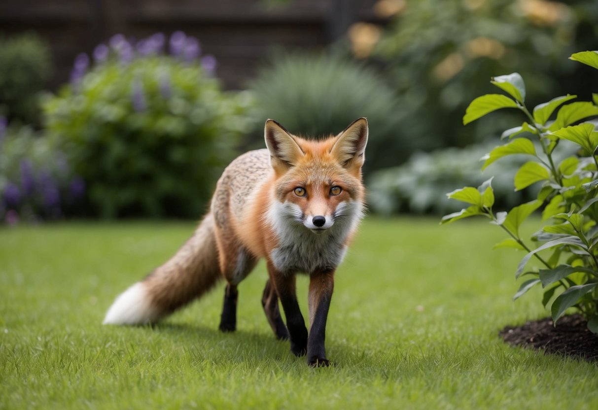 A fox cautiously prowls through a lush garden, its ears perked and eyes alert