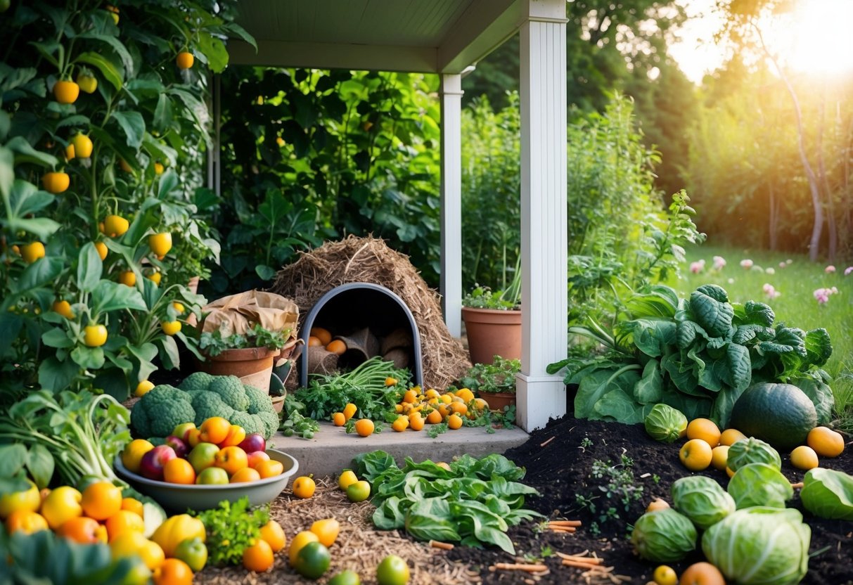 A garden filled with ripe fruits, vegetables, and compost piles. A cozy den under a porch with scattered food scraps. A nearby forest teeming with small prey