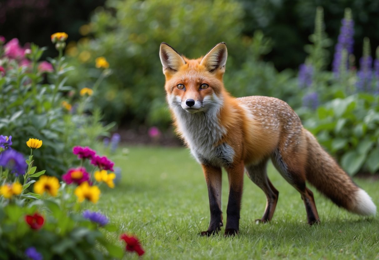A fox stands in a lush garden, surrounded by colorful flowers and greenery. It looks around with alert eyes, its red fur blending in with the natural surroundings