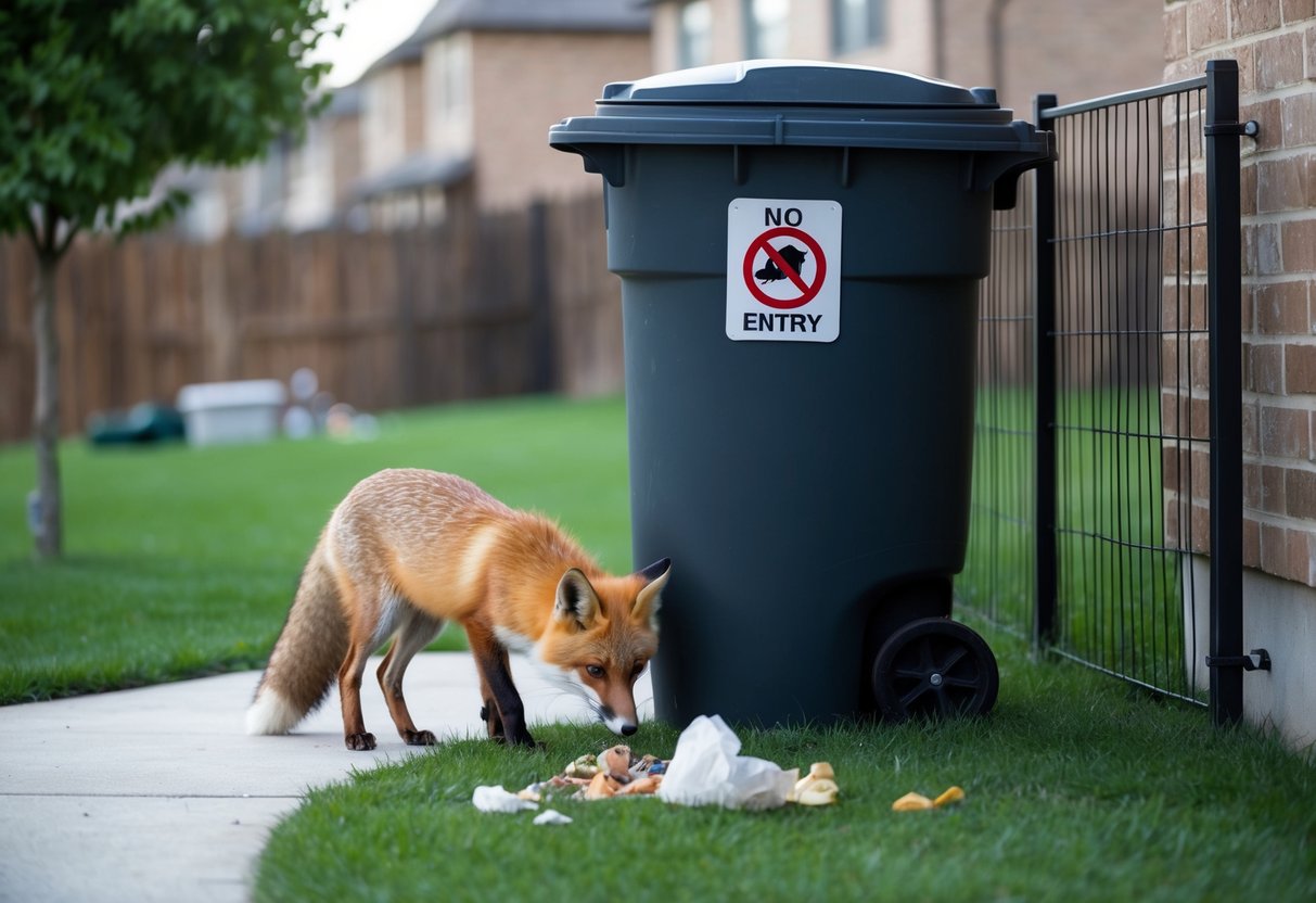 A suburban backyard with a fox sniffing around a trash can, attracted by food scraps. A "no entry" sign indicates a fenced-off garden