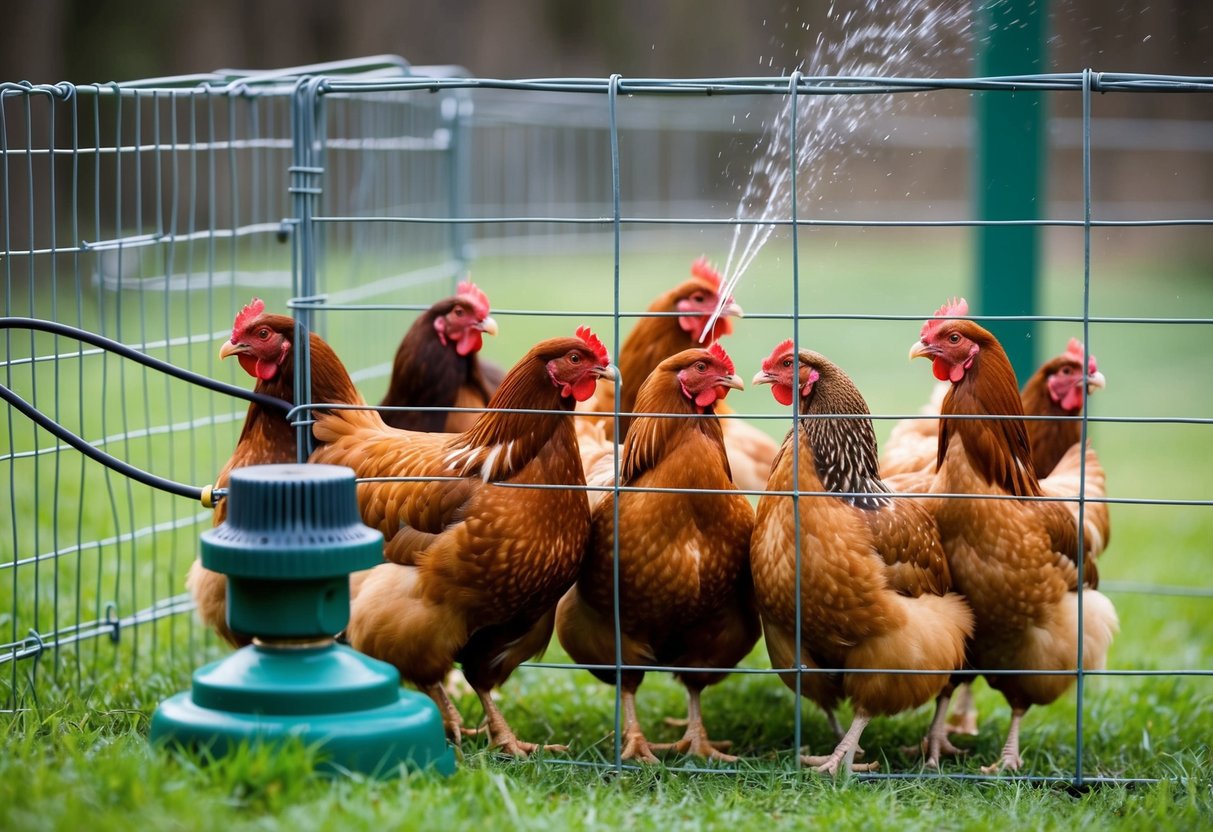 A group of hens huddle together inside a sturdy wire enclosure, while a motion-activated sprinkler system stands guard nearby