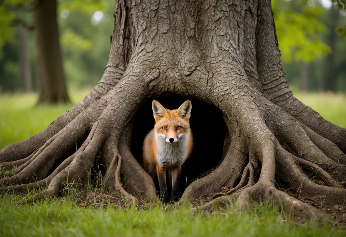 A fox peers out from a cozy den hidden beneath the roots of a large, gnarled oak tree in a lush forest clearing