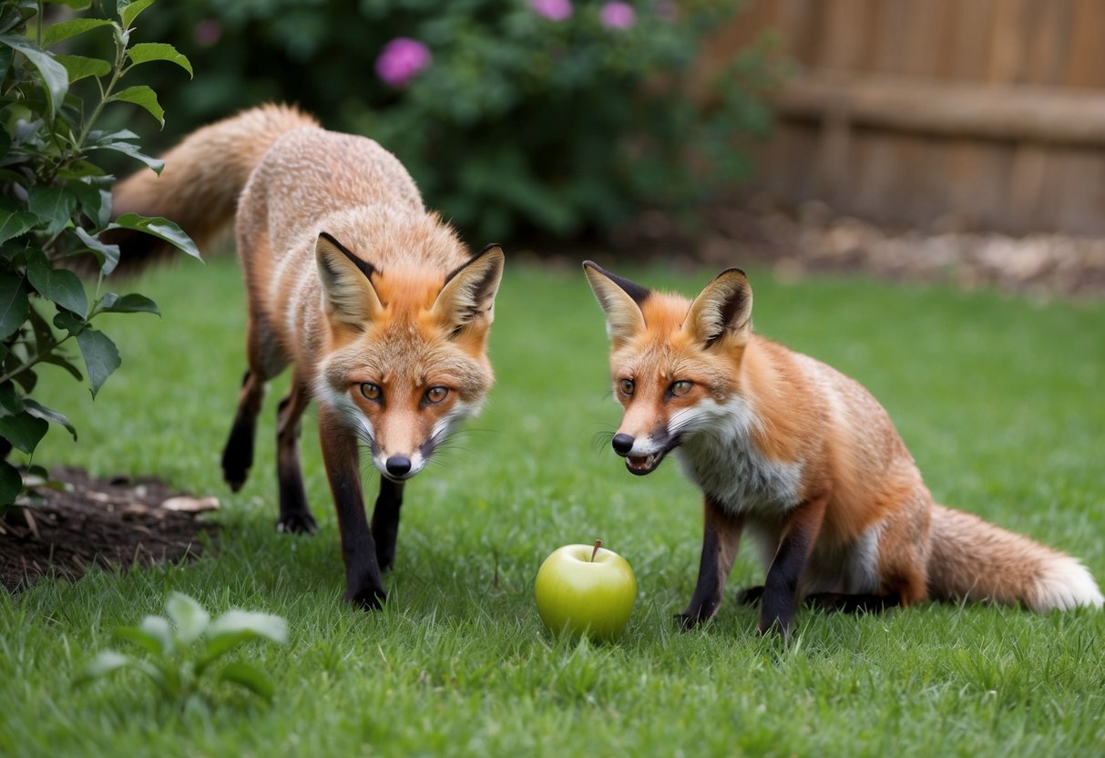 A fox hunts for pests in a garden, while another fox plays with a fallen apple, both contributing to a healthy ecosystem