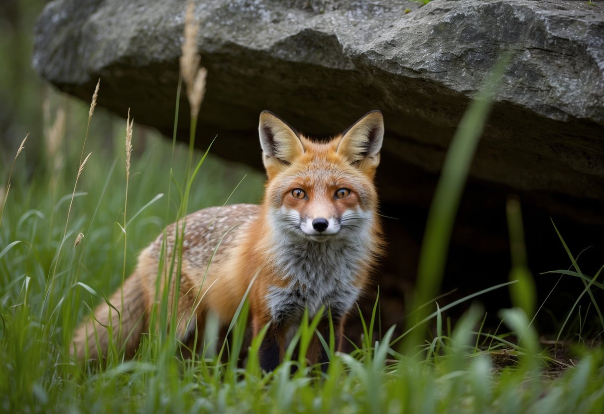 A fox camouflaged in tall grass, peering out from its den beneath a rocky overhang in a dense woodland