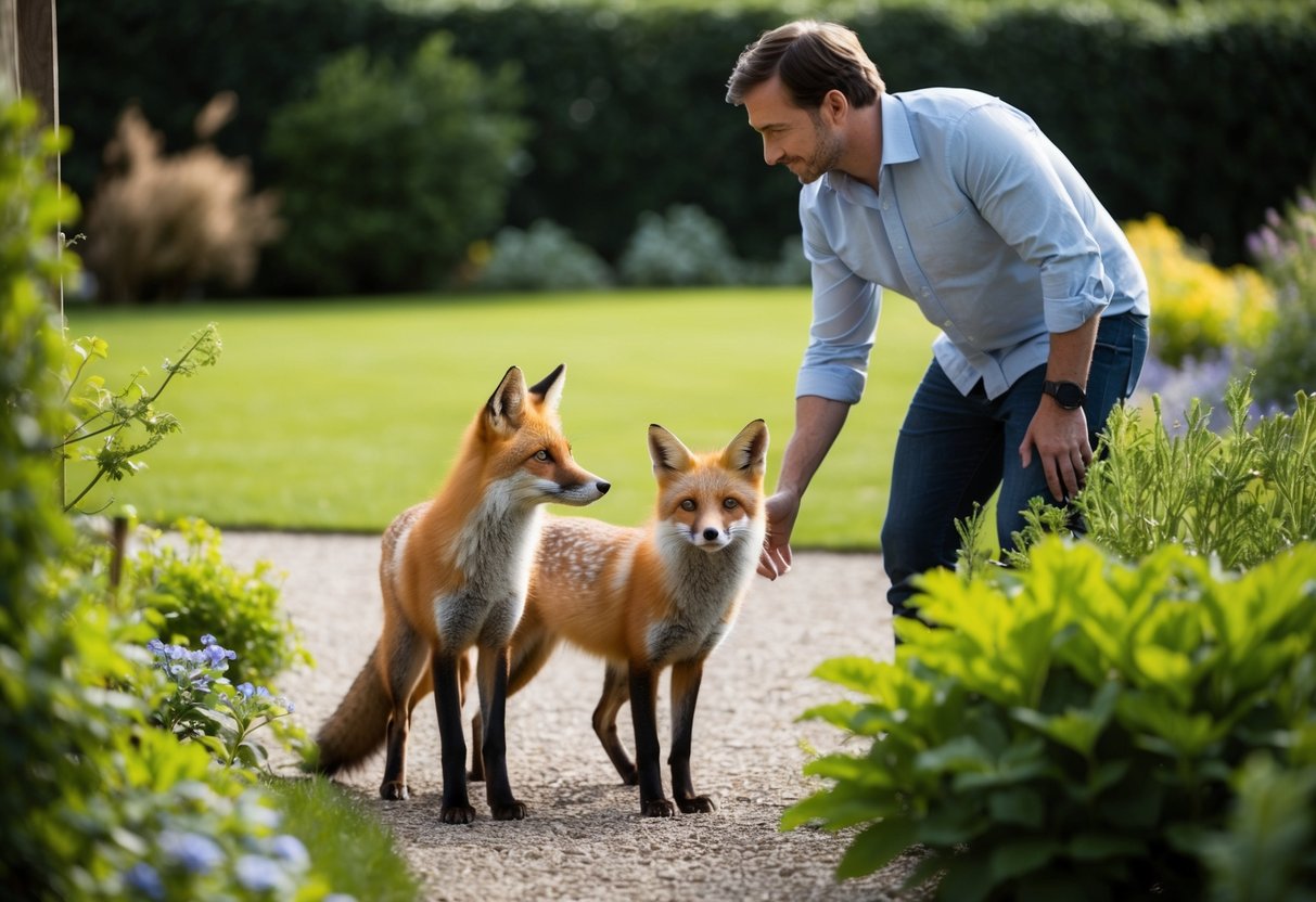 A fox and a human stand near a garden, the fox looking curiously at the human. The garden is lush and well-maintained, suggesting a positive interaction between the two
