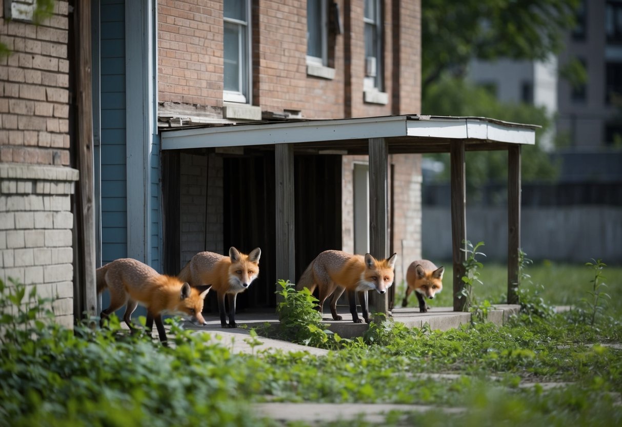 Foxes hide in abandoned buildings, under porches, and in overgrown lots during the day in urban settings