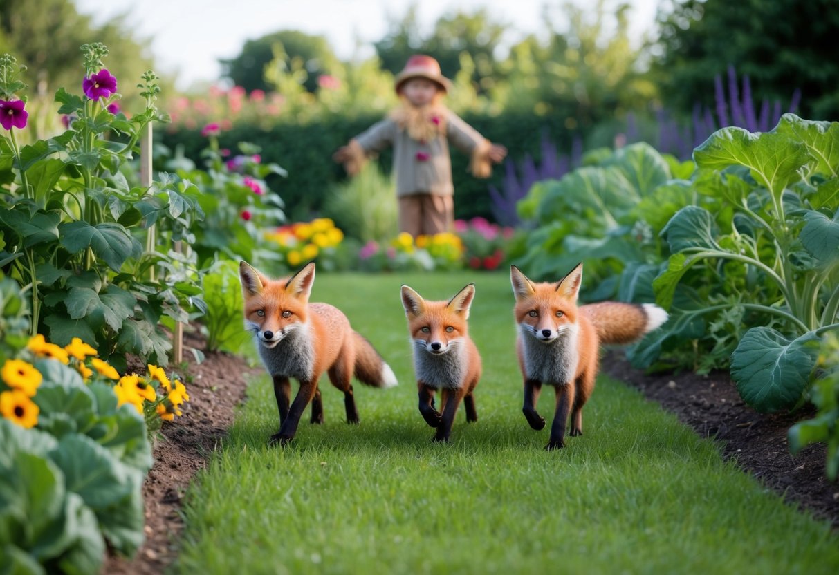 A lush garden with vibrant flowers and vegetables, a family of foxes playfully chasing each other among the plants while a scarecrow stands in the distance