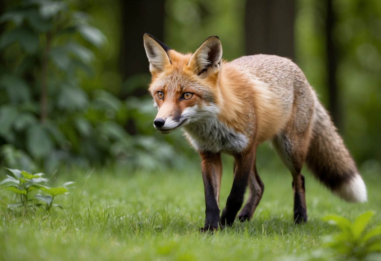 A fox prowls through a lush forest, its sharp eyes and pointy ears alert for prey. Its sleek fur and bushy tail reflect its wild nature