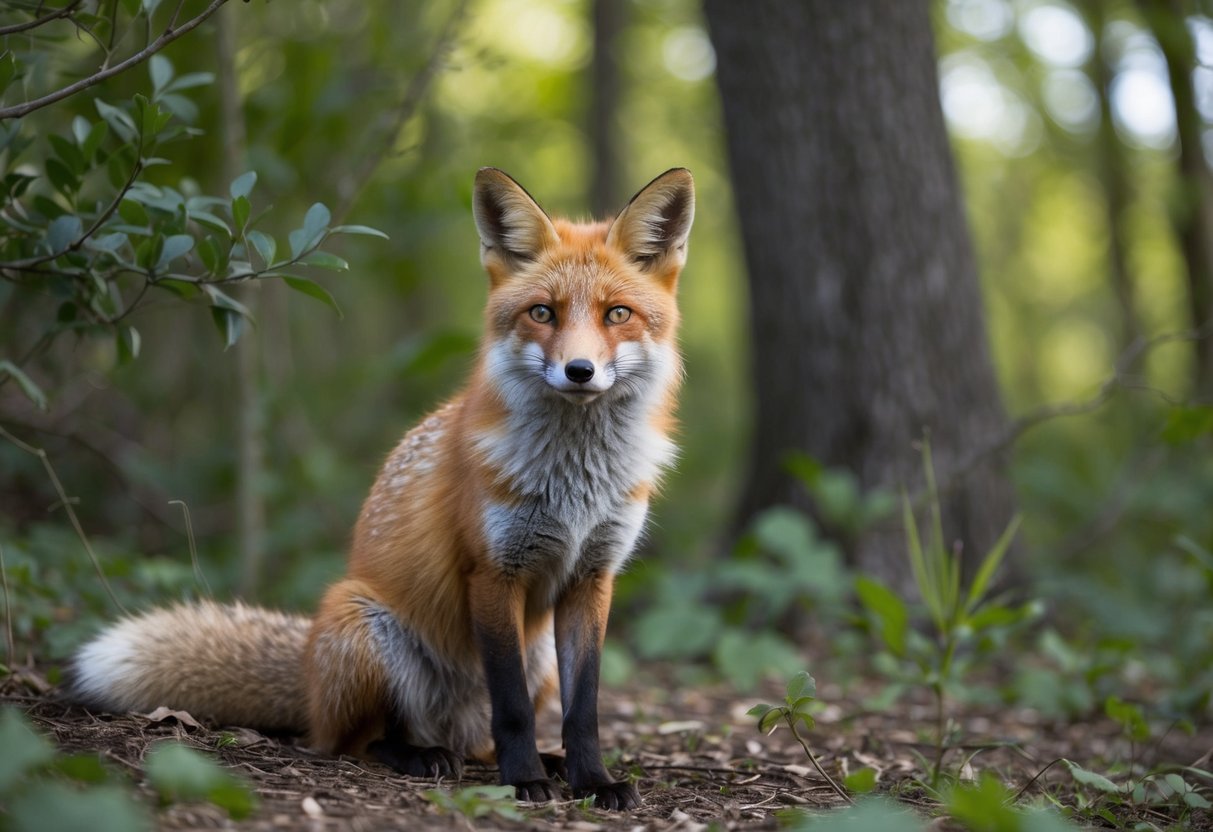 A fox sits in a natural woodland setting, surrounded by trees and foliage. It looks alert and wild, emphasizing its unsuitability as a pet