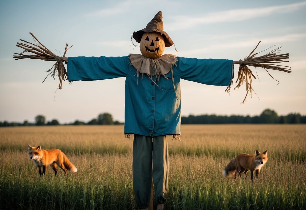 A scarecrow stands tall in the middle of a field, its outstretched arms and tattered clothes warding off any curious foxes