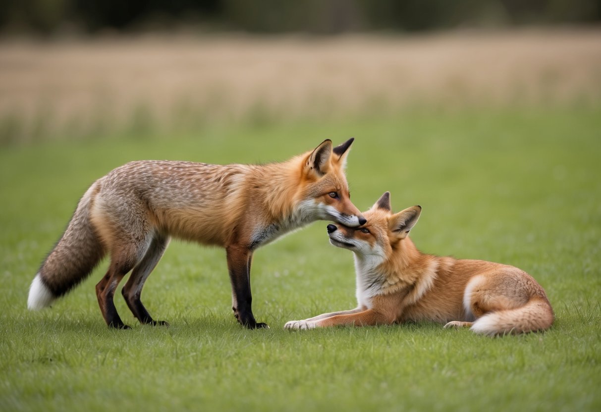 A fox cautiously approaches a resting dog in a grassy clearing