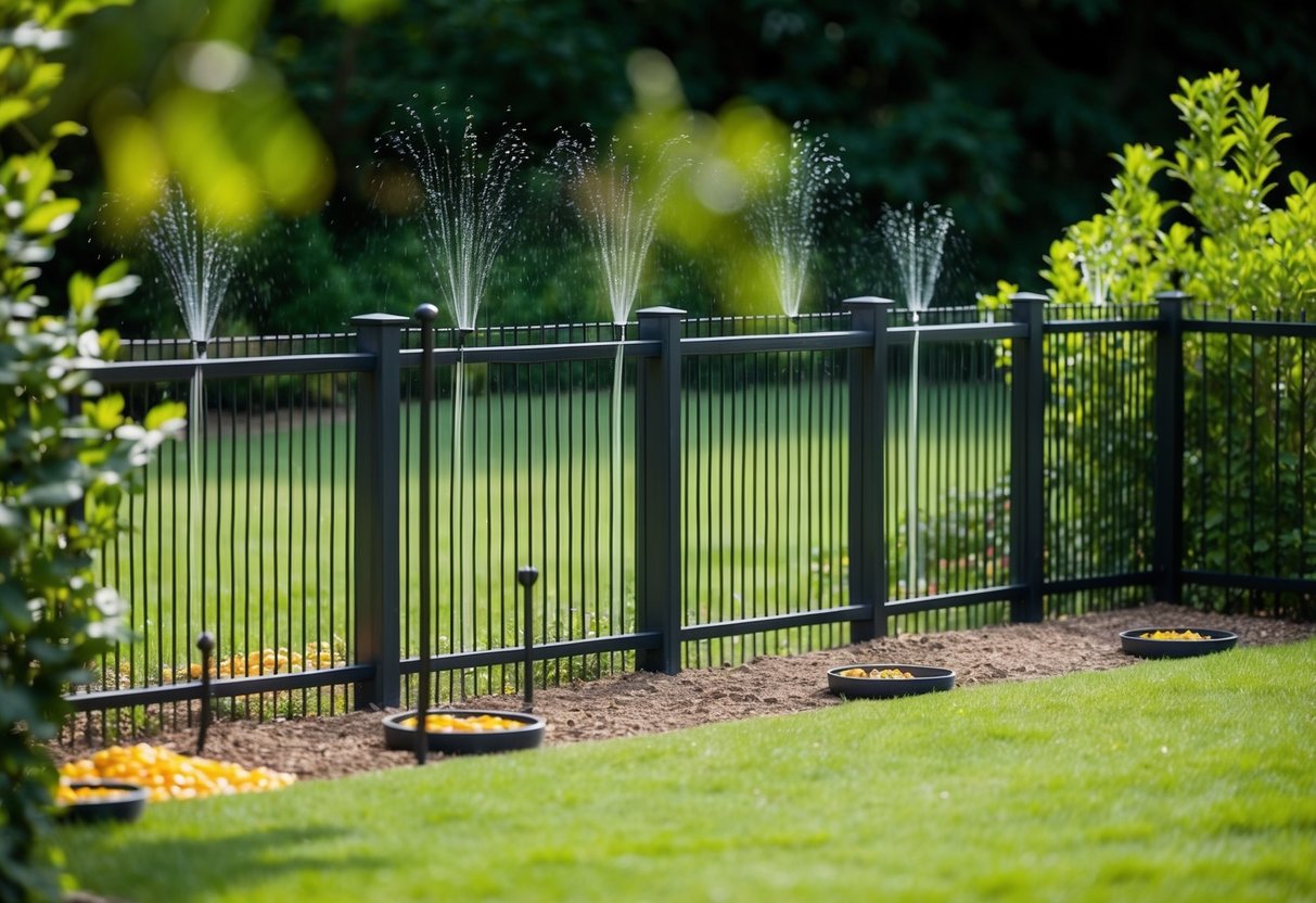 A sturdy fence surrounds a well-maintained garden, with motion-activated sprinklers and natural deterrents like citrus peels and chili powder scattered around the perimeter