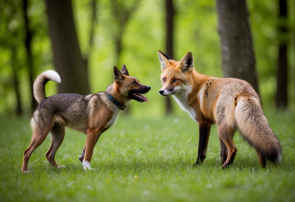 A fox cautiously approaches a wary dog, both surrounded by a lush green forest