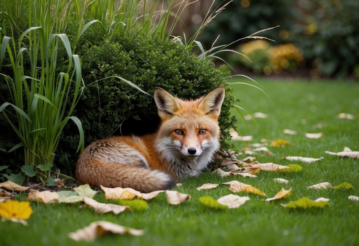 A fox den nestled under a bush, surrounded by tall grass and scattered leaves in a lush garden