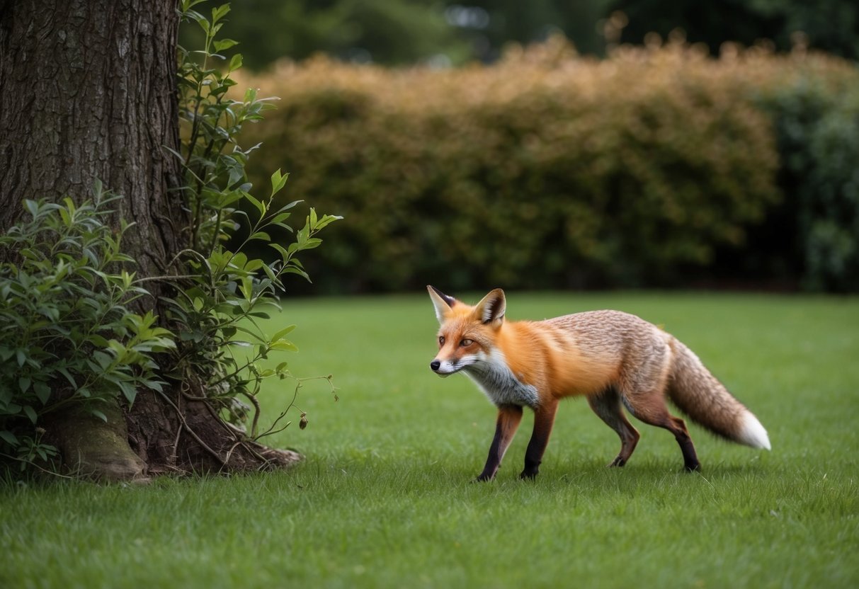 A red fox emerges from a dense thicket in the garden, pausing to sniff the air before darting across the lawn towards a burrow beneath a large oak tree