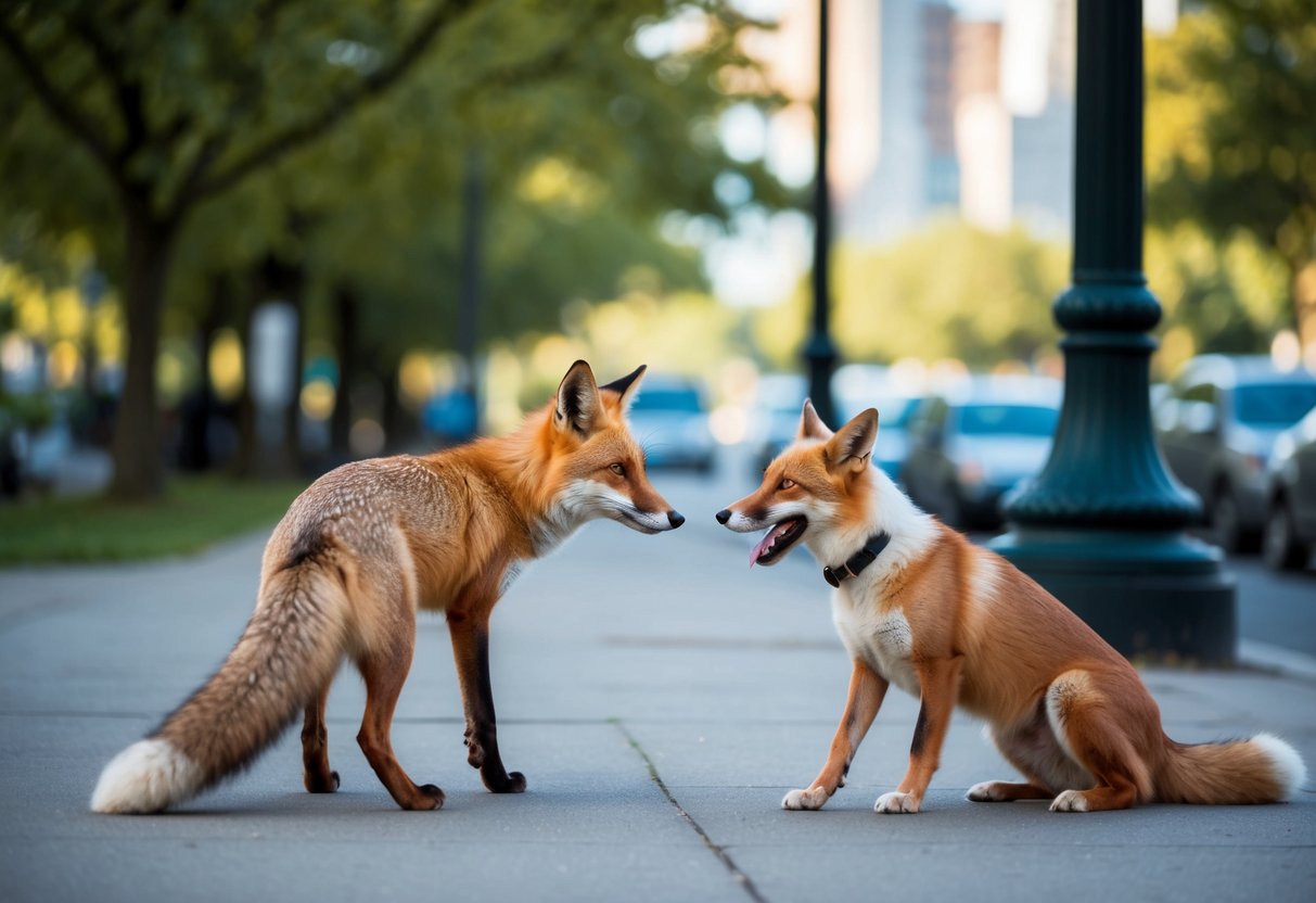 A fox cautiously approaches a wary dog in a city park