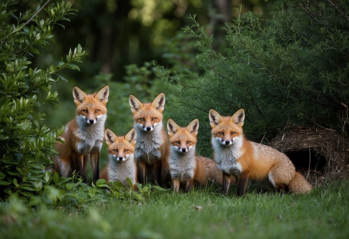 A family of foxes lounging among the bushes and trees, with a den hidden in the underbrush