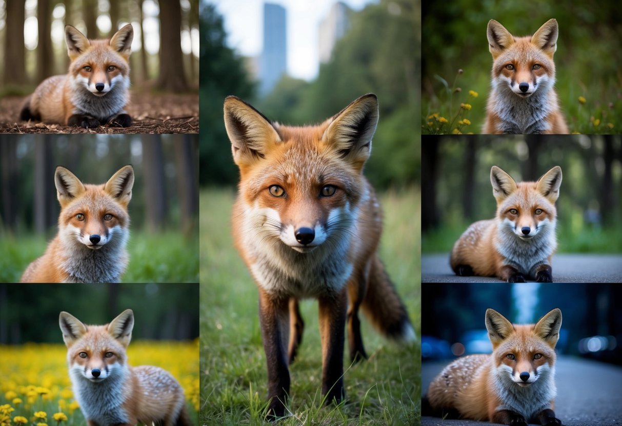 A fox appears in various settings, such as a forest, a meadow, and a city, with a mysterious and knowing expression