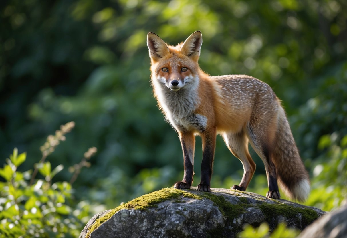 A fox stands confidently on a moss-covered rock, its piercing gaze fixed on the viewer, surrounded by lush greenery and dappled sunlight