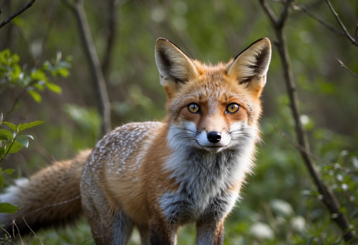 A fox emerges from a thicket, its bright eyes fixed on the viewer, conveying a sense of curiosity and cunning