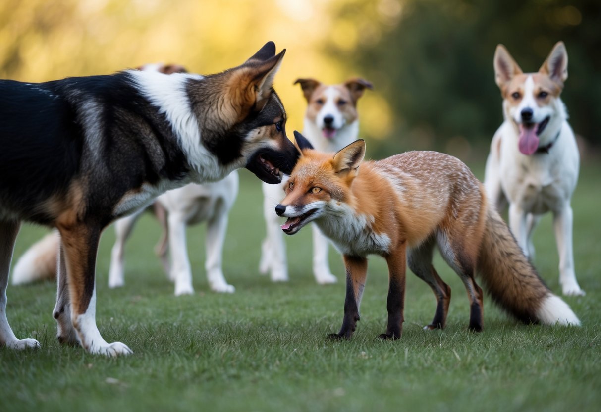 A fox cowers at the sight of a large, barking dog, while other domestic animals watch from a safe distance