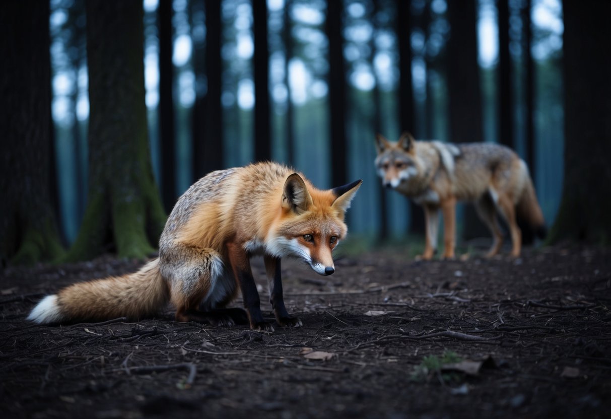 A fox cowering in a dark, shadowy forest, ears flattened and tail tucked, as a looming figure of a wolf lurks in the distance